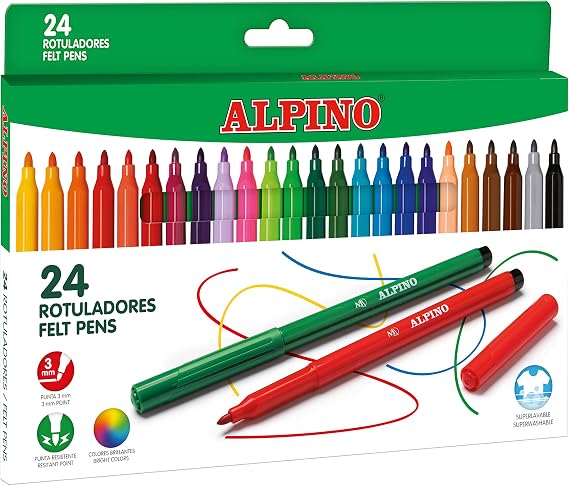 Alpino 24 Rotuladores de Colores Brillantes | Rotulador de Punta Resistente de 3mm para Colorear | Tinta Súper Lavable y de Larga Duración | Estuche de Rotuladores | Material Escolar