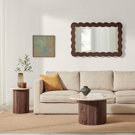 Furniturebox UK Coffee Table, Penrose Walnut & Cream Marble Effect 80cm Round Wooden Pedestal Coffee Table, Melamine Veneer, Slatted Pillar Leg Modern Scandi Japanese Style Living Room Furniture