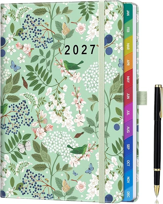 Diary 2027 Week to View A5, Full Year Weekly & Monthly Planner from Jan 2027 to Dec 2027, UK Holiday, Hardcover, Gradient Colorful Tabs, Notes, Back Pocket - Spring Garden