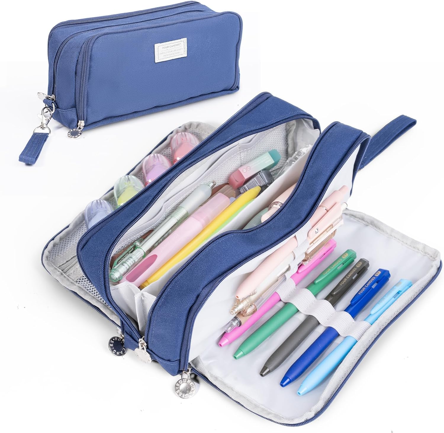 Four Candies Pencil Case 3 Compartment, Large Pencil Case with Removable Handle & Zipper, Cute Stationery Organizer for Markers, Makeup Bag, Cute Pencil Bag for Office College, Dark Blue