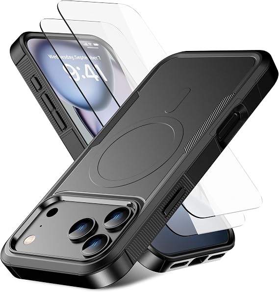 iPhone 17 Pro Max用 ケース 耐衝撃 落下防止 高耐久保護 ポケットフレンドリー スリム & タフ 滑り止め 保護携帯電話カバー、ブラック 磁気付き MagSafe用