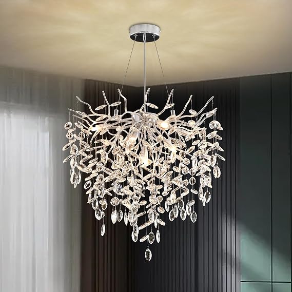 AHXIAOZN Modern Crystal Chandelier Finish Light Fixture, Luxury Raindrop Crystal Pendant Light, for Dining Room, Living Room Bedroom (Silver)