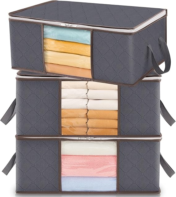 Lifewit Folding Clothes Storage Boxes with Reinforced Handle, Sturdy Fabric Wardrobe Organizer and Transparent Window, Clothes Storage Bags, Blankets, Grey, 35 L, 3 Pieces