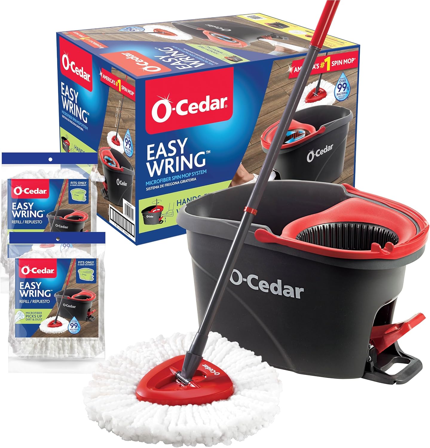 O-Cedar EasyWring Microfiber Spin Mop & Bucket Floor Cleaning System  2 Extra Refills, RedGray