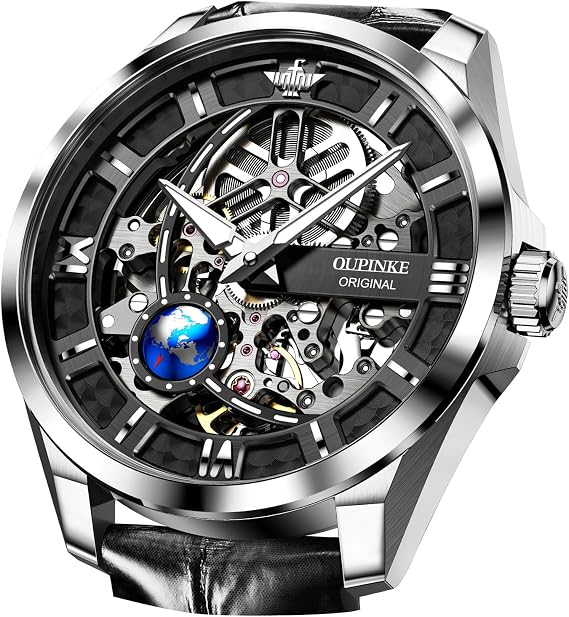 OUPINKE Mens Automatic Watch 42mm Skeleton Large Dial Luxury Dress Slef-Winding Mechanical Watch, Sapphire Crystal Mirror, Waterproof Luminous Stainless Steel Case
