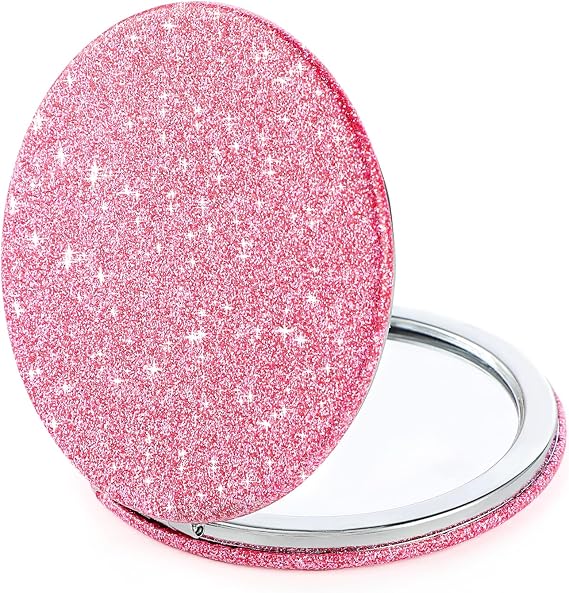 Andibro Small Glitter Compact Mirror, Folding Pocket Makeup Mirror Handheld 2-Sided 1x/2x Magnifying Cute Cosmetic Mirror Round PU Leather Mirror for Women Girls Travel(pink)