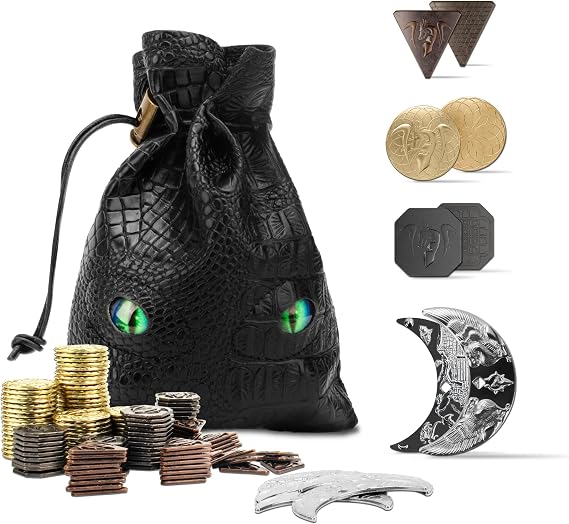 Byhoo 145pcs Metal DND Coins & Leather Case Contains 60 Gold Coins 40 Silver Coins 40 Copper Coins and 5 Platinum Coins Token with Glow in The Night Eyes Bag for RPG Tablelap Games
