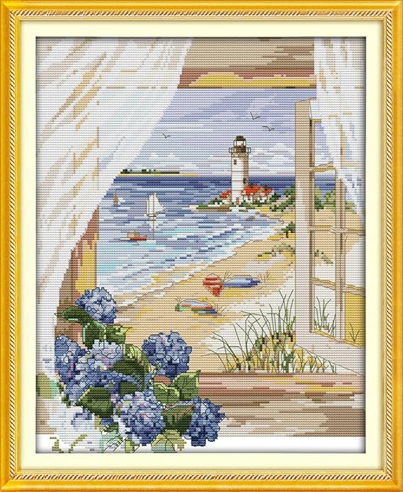 CaptainCrafts Cross Stitch Kits, Counted Cross Stitch Unpreprinted Fabric Cross Stitch Adults Embroidery Kits (Unpreprinted 14CT, Sea View Outside The Window)