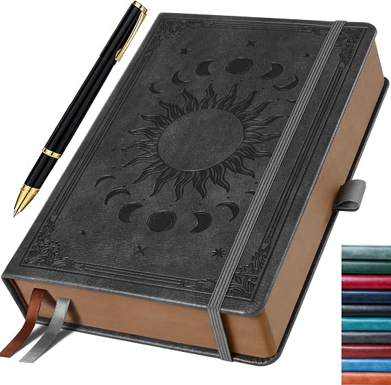 Journal for Men & Women, Daily for Classic Lined Writing, 360 Pages Hardcover Journaling Notebook with Pen, Vintage Sun & Moon Design,Dark Grey, A5 (5.9'' x 8.5'')