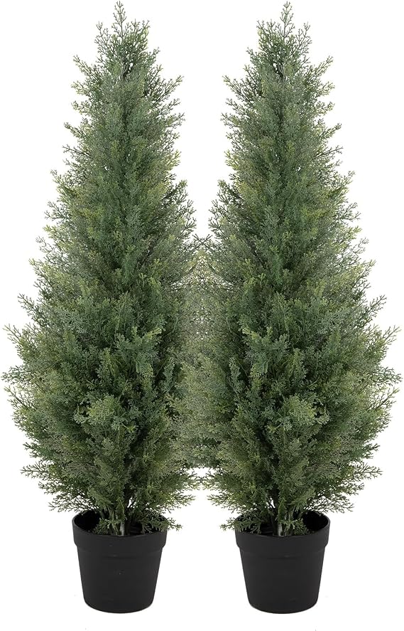 bellacat UV Resistant Artificial Topiary Trees Outdoor, Faux Cedar Tree with Full & Realistic Leaves, Fake Cypress Tree for Front Door Proch Patio Deck Balcony Yard Decor(90cm, 2Pack)