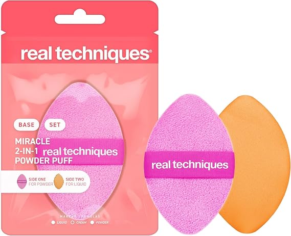 Real Techniques Miracle 2-In-1 Powder Puff, Dual-Sided, Full-Size Makeup Blending Puff, Reversible Elastic Band, Precision Tip Makeup Sponge and Powder Puff, For Liquid, Cream and Powder, 1 Count