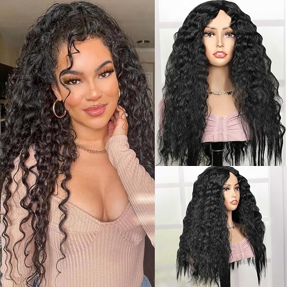 Creamily Long Curly Black Wigs for Women Black Wavy Wig Natural Looking Loose Wave Hair Glueless Heat Resistant Synthetic Hair Replacement Wig Halloween Use 24 Inches