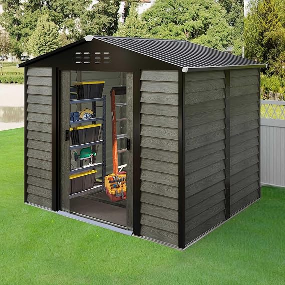BIRCHTREE 8X6ft Galvanized Metal Garden Shed With Foundation Outdoor Storage Box Tool House Bike Shed Waterproof Apex Roof Lockable Sliding Doors for Backyard, Patio, Garbage Bin, Log