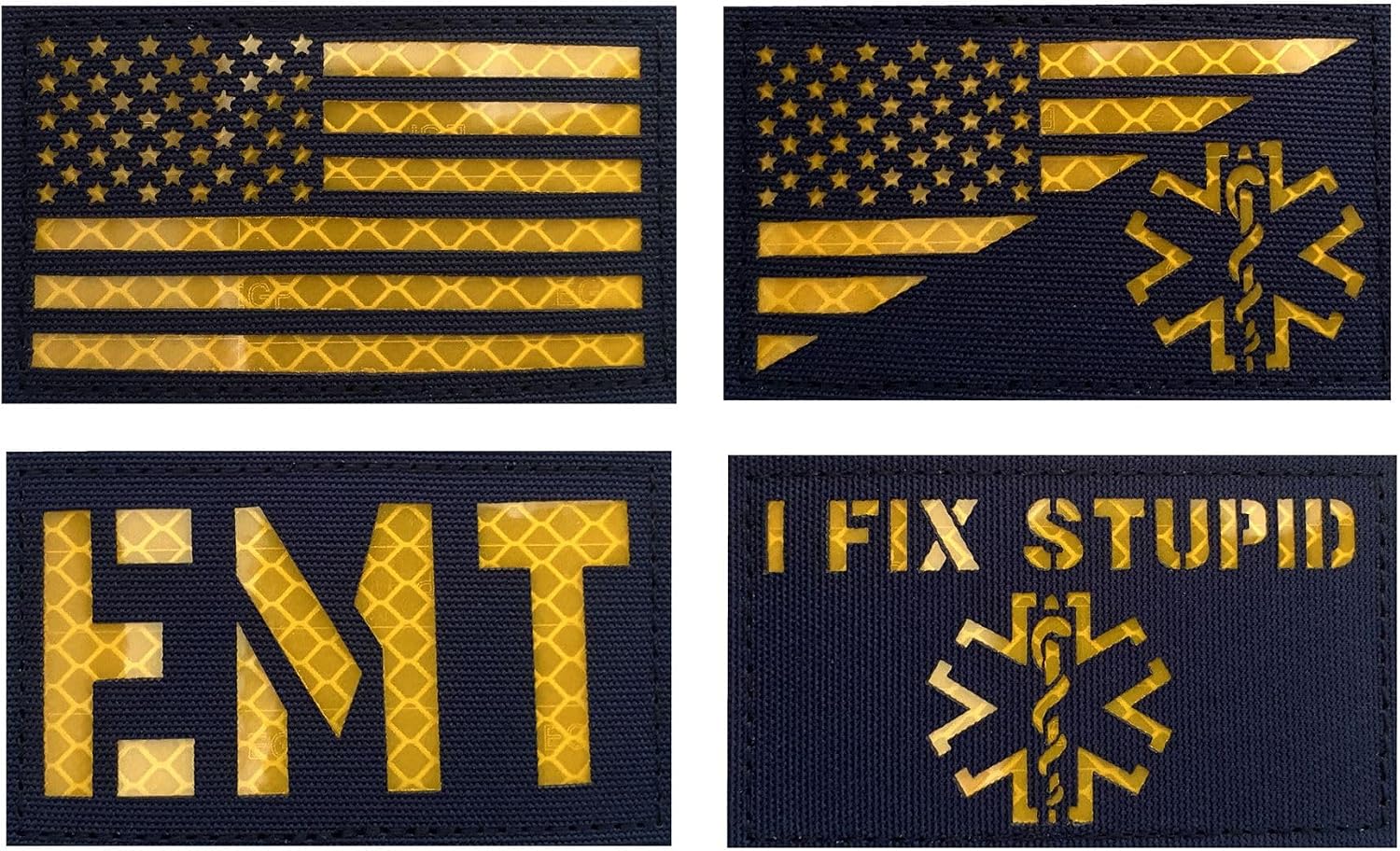 4 Pack Blue Reflective Paramedic-EMS EMT Star of Life USA Flag Subdued Paramedic Medical Tactical Army Gear Fastener Patch with Hook-Fastener Backing Mix-3