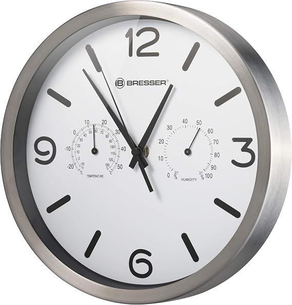 Bresser MyTime ND Radio Controlled Wall Clock Thermo-Hygro with Silent Radio-Controlled Movement Stainless Steel Frame and Display for Temperature and Humidity White