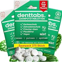 DENTTABS Teeth Cleaning Tablets with Fluorid 3 x 125 pcs. The Full-fledged Alternative to Toothpaste, Mint Vegan Plastic-Free Without preservatives. in The Original denttabs compostable Bag