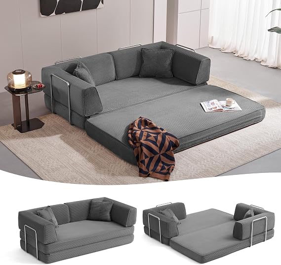 LINSY HOME Sofa Bed - Floor Sofa Bed with Pillow Back Support Armrest - Sofa Bed Foldable 200 cm Wide - Compressed Sofa in Box - Cord Fabric for Living Room Bedroom - Grey