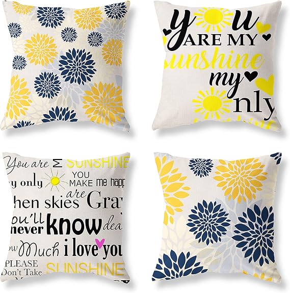 Mechanical Cattle Couch Decorative Yellow Throw Pillow Covers 18x18 Set of 4 Modern Linen Fabric Square Throw Pillow Cases for Sofa Bed Car Outdoor Patio Home Decor Pillow Covers