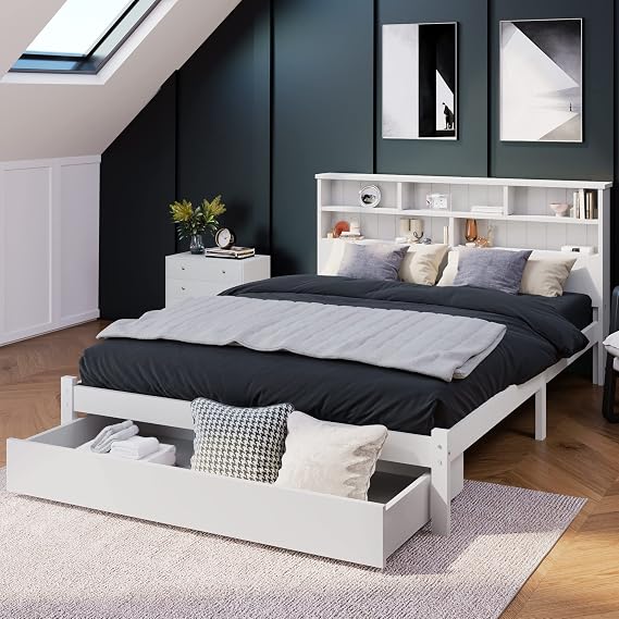Merax 4ft6 Double Bed Frame with Bookcase Headboard, White Wooden Storage Bed with Shelves, Underbed Drawer(135 x 190 cm)