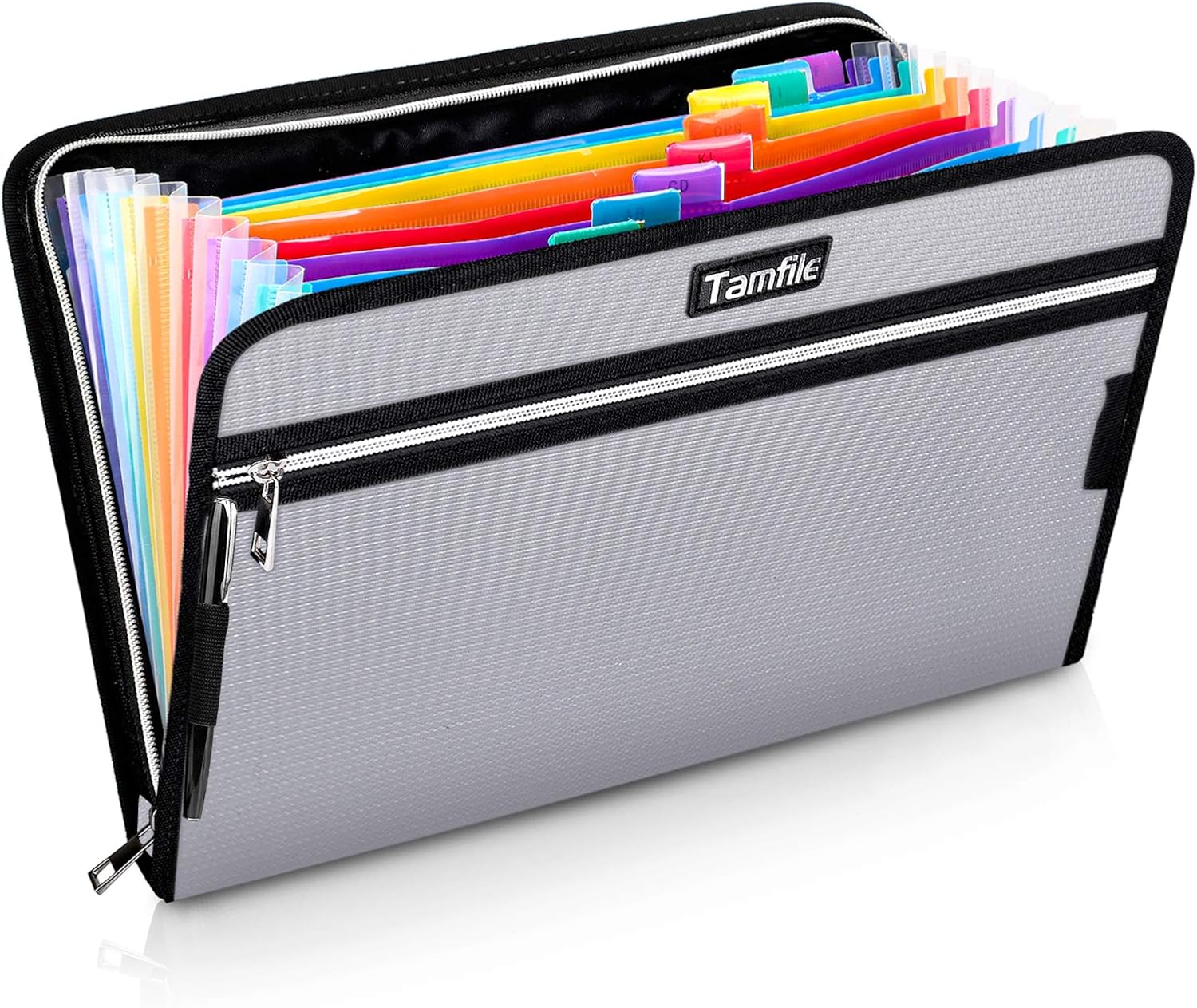 Fireproof Safe Waterproof Accordion File Bag Folder Expanding Filing Folder with 14 Multicolored Pockets, A4 Letter Size, Document Organizer Holder and Color Labels 2 Zipper Silver 14.3" x 9.8"