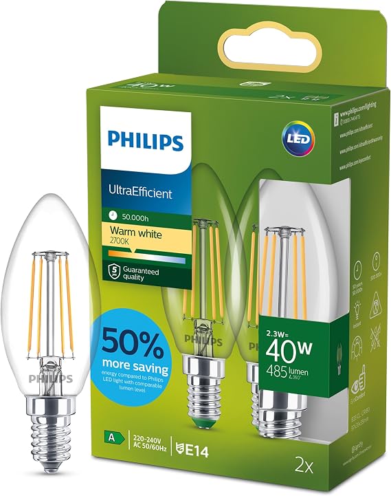 Philips Classic Ultra-efficient LED Bulb with Energy Efficiency Class A, E14 Base, Replaces 40W, Clear, Warm White Light, Candle Shape, Pack of 2 [Energy Class A]