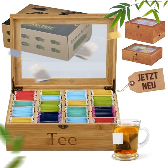 Bamboo Tea Box with 20 Flexible Compartments and Real Glass Viewing Window (22.5 x 31 x 10 cm) - Reinforced Hinges + Snap Closure - Elegant Tea Storage for Real Connoisseurs