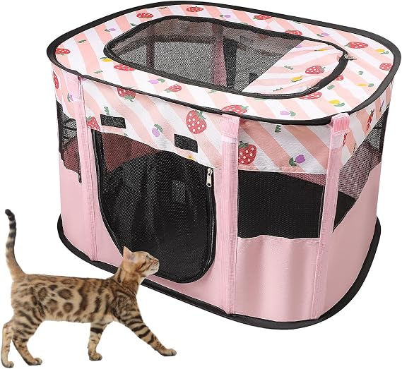 Foldable Pet Playpen, Portable Dog Cat Kennel Cage, Indoor/Outdoor Pop up Pet Tent Fence, Rectangle Delivery Room Pets Tent for Puppy Dog Kitten Cat, Pink