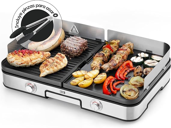 LEBENLANG 2400W Kitchen Griddle - 48 x 30 cm & Incl. BBQ Tongs