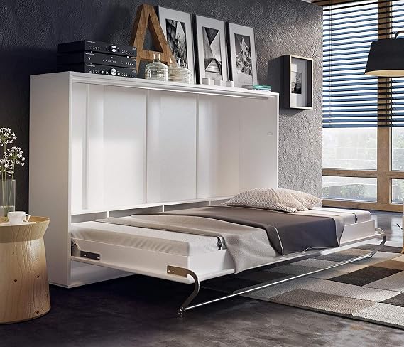 Horizontal Fold Away Wall Bed in White Matt 120cm x 200cm Space Saving Murphy Bed with Secure Locking System and Self Holding Feature