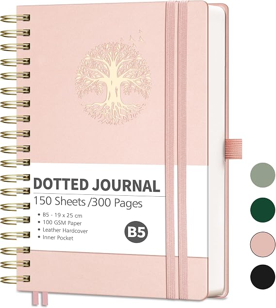 RETTACY B5 Spiral Notebook, Dotted Journal, 300 Pages, Rose Gold