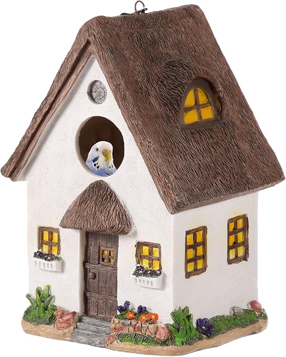 Hanging Bird House Outdoor, Colourful Garden Resin Bird Nesting Box with Entrance Hole, Decorative Patio Birdhouse for Hummingbird, Bluebird, Swallow, Wren, Robin, Finch(White)
