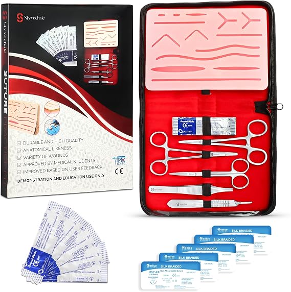 Suture Practice Kit for Medical Students, Nurses, Beginners – 3 Layer Suturing Practice Pad with 14 Pre-Cut Points, Suturing Practice Kit Training Instruments Sutures & Carry Case