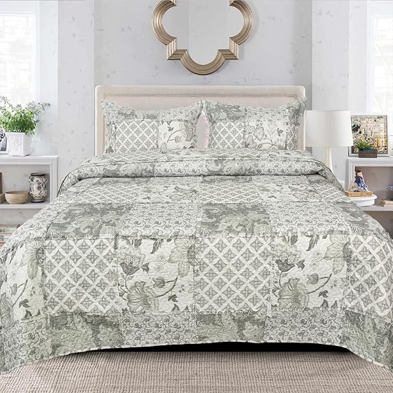 PHP Patchwork Bedspread Box Pattern 100% Cotton Filling Reversible Quilted Throw For Bedroom Decor - Warm Quilt Coverlets Blankets Bedspread with Pillow Case (Monochrom Geo - Des 2, Single)