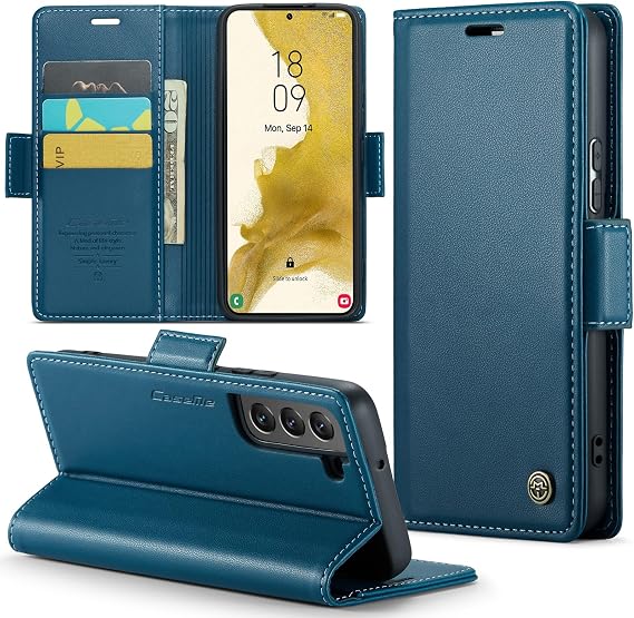 Samsung Galaxy S22 Plus用ウォレットケース カードホルダー付き キックスタンド RFIDブロック マグネット開閉 耐衝撃 保護PUレザーカバー Samsung S22 Plus用 フリップケースウォレット - ブルー
