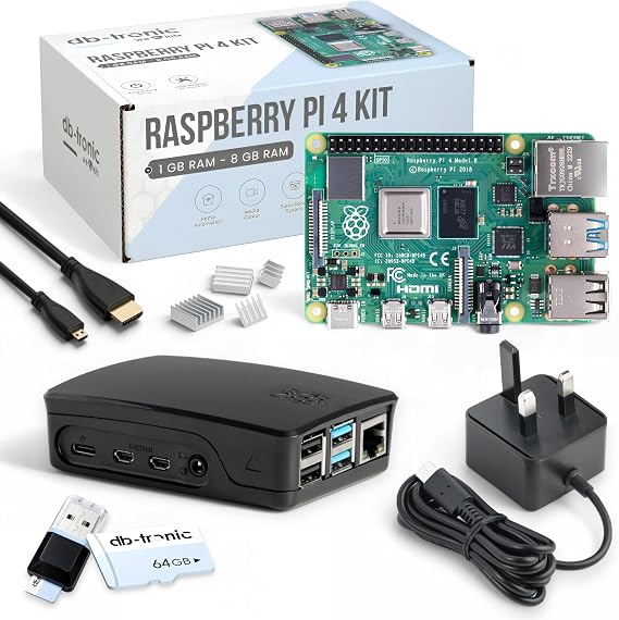 db-tronic Raspberry Pi 4 8GB Starter Kit | 64GB Black Edition | 15W Power Supply | Case with 4x Heatsinks | 4K Micro HDMI Cable | Ideal for Smart Home, Retro Gaming & Home Assistant