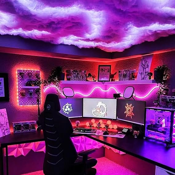 Upgraded LED Cloud Light, 3D Fluffy Ceiling Cloud Lamps, RGB with App Control/Music Sync Voice Control/Remote Control, for Gaming Room Club Bar Bedroom(98ft/30m) [Energy Class A]