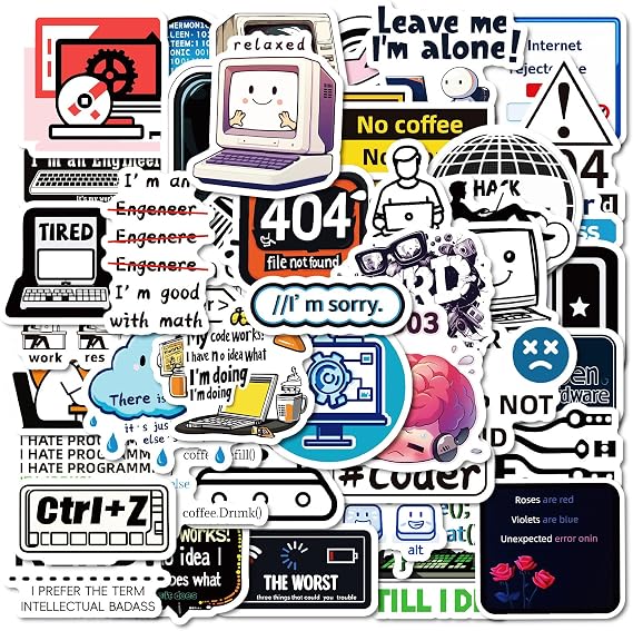 50 Pcs Programmer Stickers for Laptop, Water Bottles, Bicycle, Skateboard, Computer, Wall, Graffiti, Vinyl, Waterproof, Retro Tech, Cartoon, Outdoor
