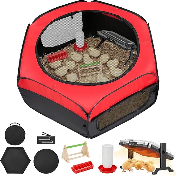 Chick Brooder Box with Chick Heat Plate, 10 ft? Baby Chicks Starter Kit, Large Chicken Cage for Outside, Durable Fabric, Well-Ventilated, Includes Food & Water Feeder, Perch & Waterproof Mat