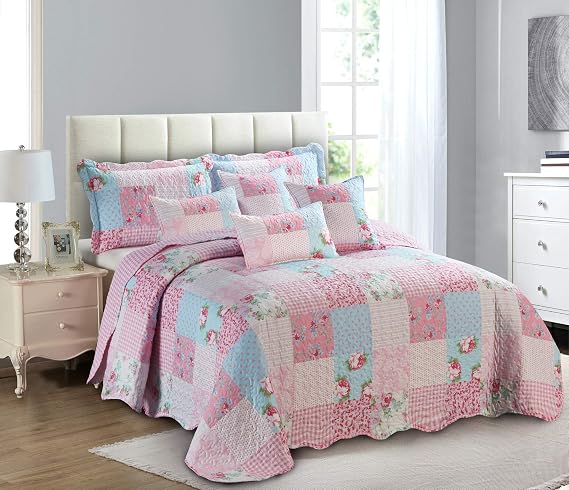 PRIME LINENS Quilted Patchwork Bedspread Bed Throw 3 Piece Bedding Set Includes Comforter 2 Pillow Shams (Floral Pink, Single)