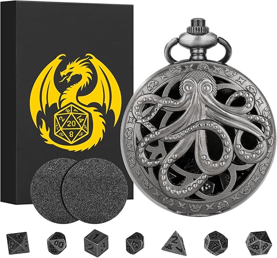 Mini DND Dice Set Steampunk Hollow Octopus Pocket Watch Shell Case, 7pcs Polyhedral Metal D&D Dice Set, Dungeons and Dragons Gifts with Gift Box, Role Playing Board Games Accessories, DND Gift