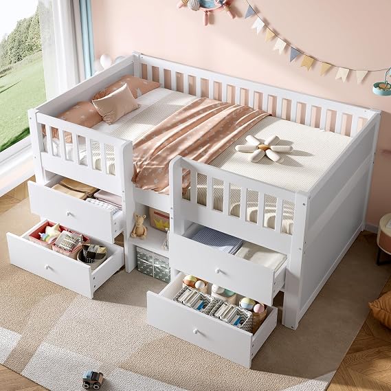 3ft Single Bed with Drawer Storage, Low Loft Bed for Children, Saving-space Design for Bedroom, Wood, White, 90 x 190 cm (No Mattress)