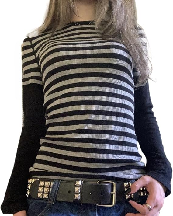 Y2k グランジ ストライプ シャツ ティーン ガールズ 女性 シーン Alt 2000年代 服 長袖 エモ ゴス トップ ヴィンテージ グラフィック Tシャツ