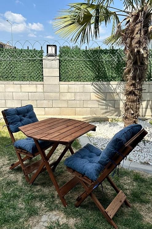 Reyo Premium Katlanır Ahşap Bistro Seti, 3'lü, Masif Ahşap, Minderli, Balkon ve Bahçe için, Ceviz/Lacivert, Masa ve Sandalye