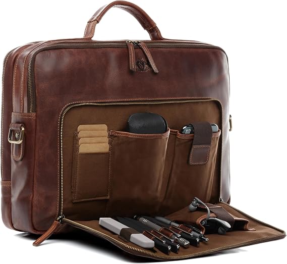 SID & VAIN Laptop Bag Simon XL Business Briefcase Real Leather 15.4 inch Laptop Portable Computer Satchel Leather Bag Women and Men