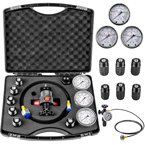 Hydraulic Nitrogen Accumulator Charging System & Pressure Test Kit with 3 Gauges (1500/4000/6000 PSI), 7 Adapters, Hydraulic Hose & Valve Body Tester