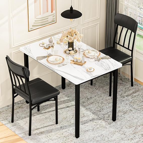 HOOSENG Faux Marble Dining Table and Chairs Set of 2, 3 Piece Dining Room Set, Small Dining Table and 2 Chairs for Kitchen/Apartment/Small Space,White