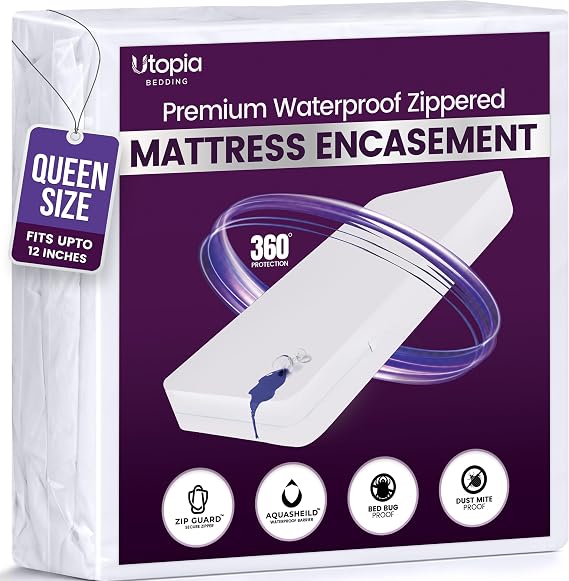 Utopia Bedding Premium Waterproof Bed Bug Mattress Cover, Queen Zippered Mattress Protector, 12 Inches Deep, Dust Mite Proof 6-Sided Mattress Encasement for Bed