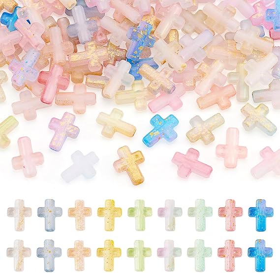 Beadthoven クロスアクリルビーズ フロストクリスタルビーズチャーム ゴールドホイル付き 小さなイースタークロス パステルビーズ ルーズスペーサー プラスチックビーズ 友情ブレスレットジュエリー製作DIYクラフト用
