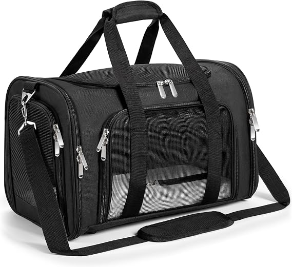 Soft Sided Cat/Pet/Dog Carrier Bag,Portable Foldable Pets Travel Carriers For Cats/Dogs With Shoulder Strap & Removable Mat,Durable Puppy Basket of 16 lbs Airline Approved - Black