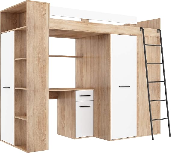 High Sleeper Bed with Desk, Wardrobe and Bookcase - Space Saving Loft Bed for Kids/Children (236x120x190 cm) - 90x200 cm Mattress Size - Right Hand-side Ladder - VERANA (Sonoma Oak/White)